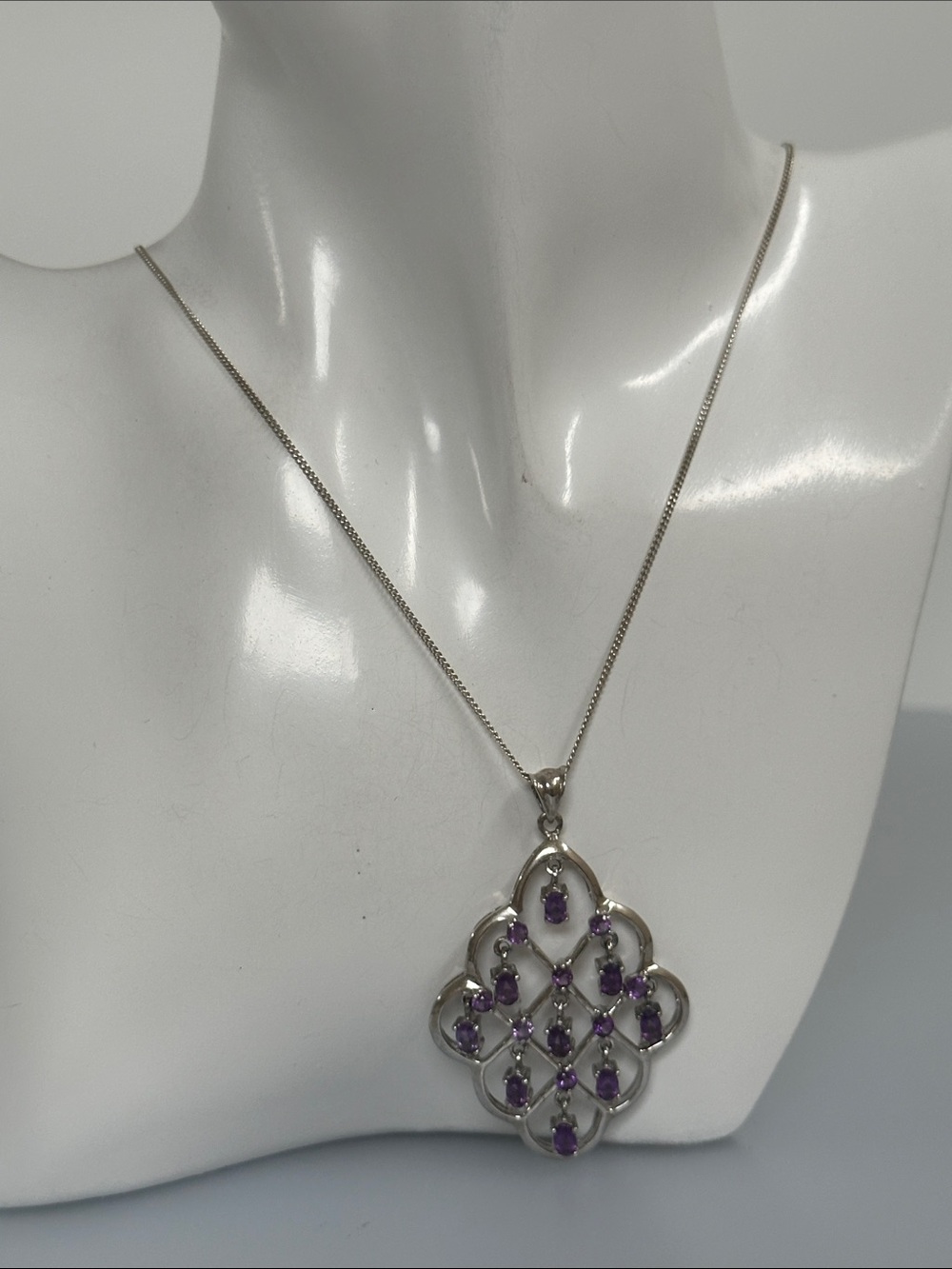 Sterling Silver Amethyst Openwork Pendant Necklace - Purple